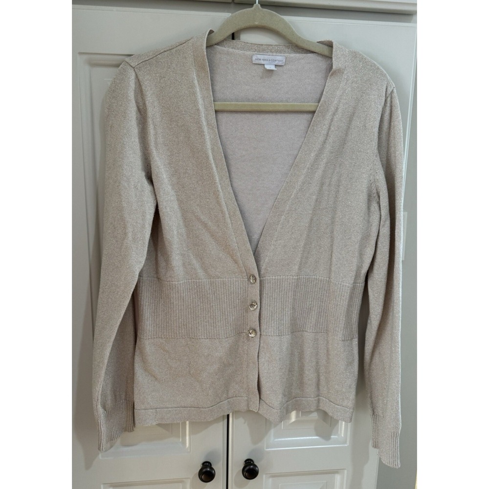 Women's New York & Company Gold Shimmer‎ Cardigan Sweater Size Med Button Front